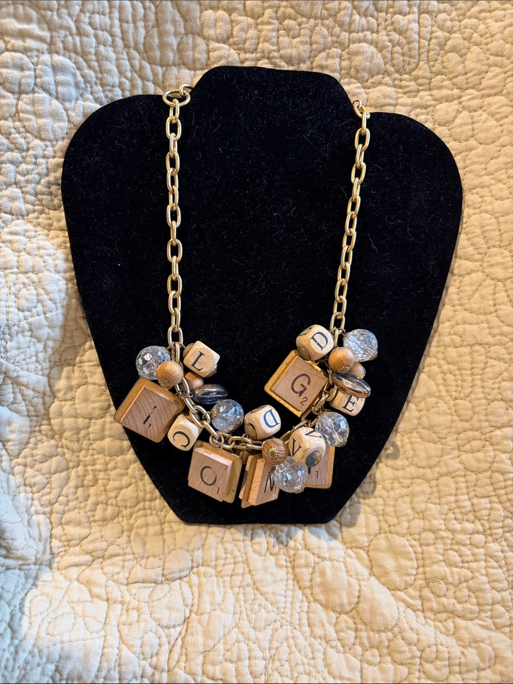 Wood Block Letter Charm Necklace - Gold Chain, Brown and Silver Accents